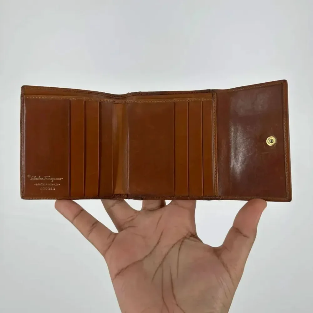 Vintage Ferragamo Ribbed Canvas Leather Tri-fold Wallet W/ Coin Pouch